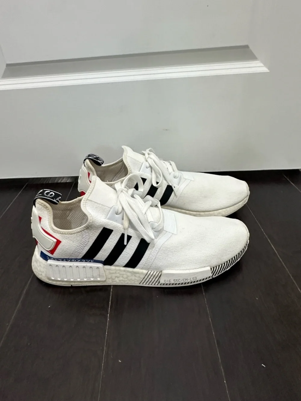 adidas White NMD R1 with Black Stripes and Red/Blue Accents SZ 14